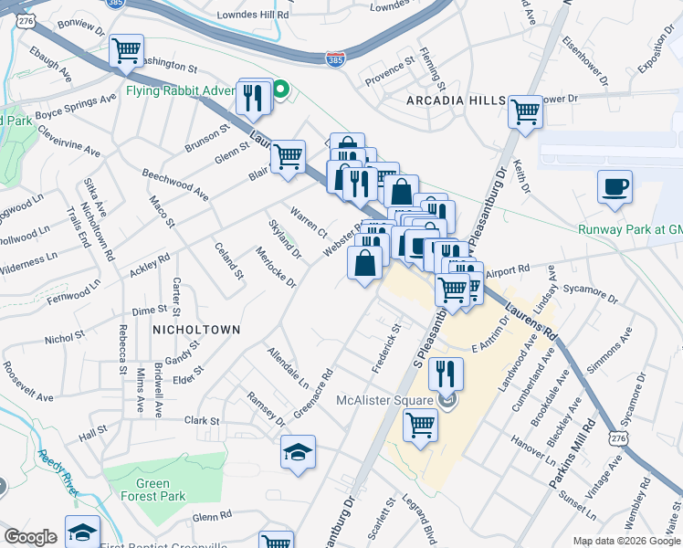 map of restaurants, bars, coffee shops, grocery stores, and more near 20 Dale Drive in Greenville