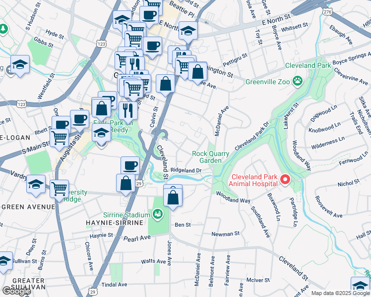 map of restaurants, bars, coffee shops, grocery stores, and more near 204 Lois Street in Greenville