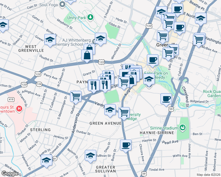 map of restaurants, bars, coffee shops, grocery stores, and more near 930 South Main Street in Greenville