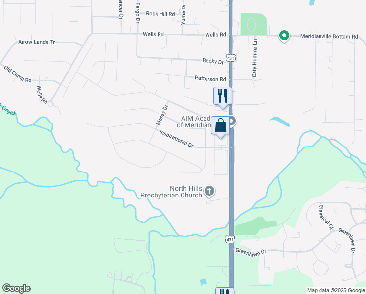 map of restaurants, bars, coffee shops, grocery stores, and more near 122 Inspirational Drive in Meridianville