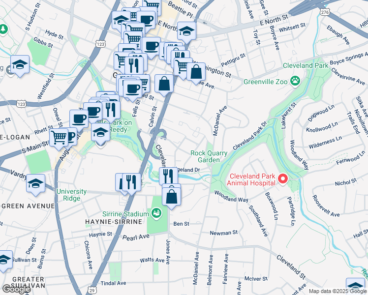 map of restaurants, bars, coffee shops, grocery stores, and more near 204 Lois Street in Greenville