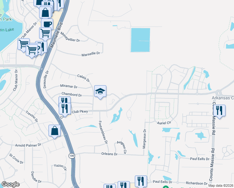 map of restaurants, bars, coffee shops, grocery stores, and more near 10 Village Way in Maumelle