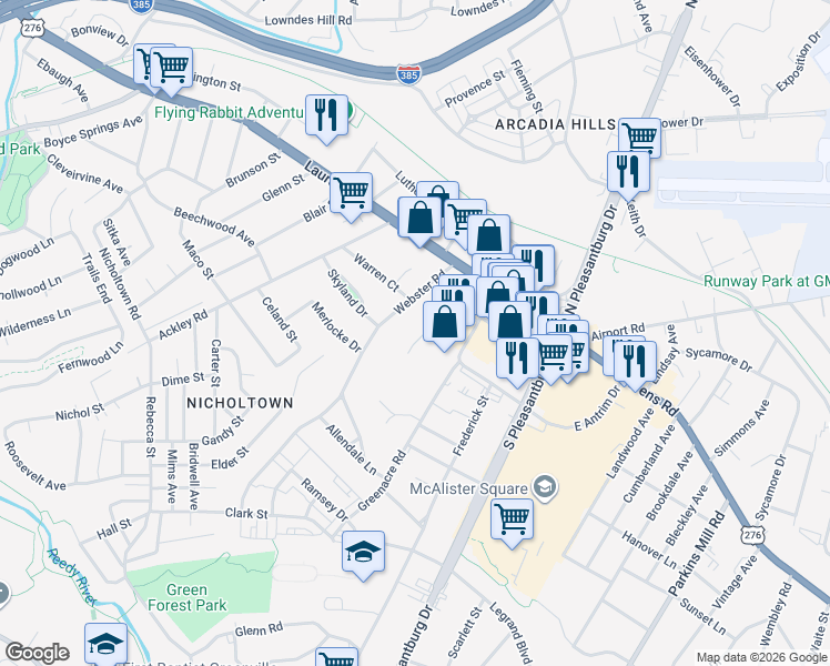 map of restaurants, bars, coffee shops, grocery stores, and more near 20 Dale Drive in Greenville