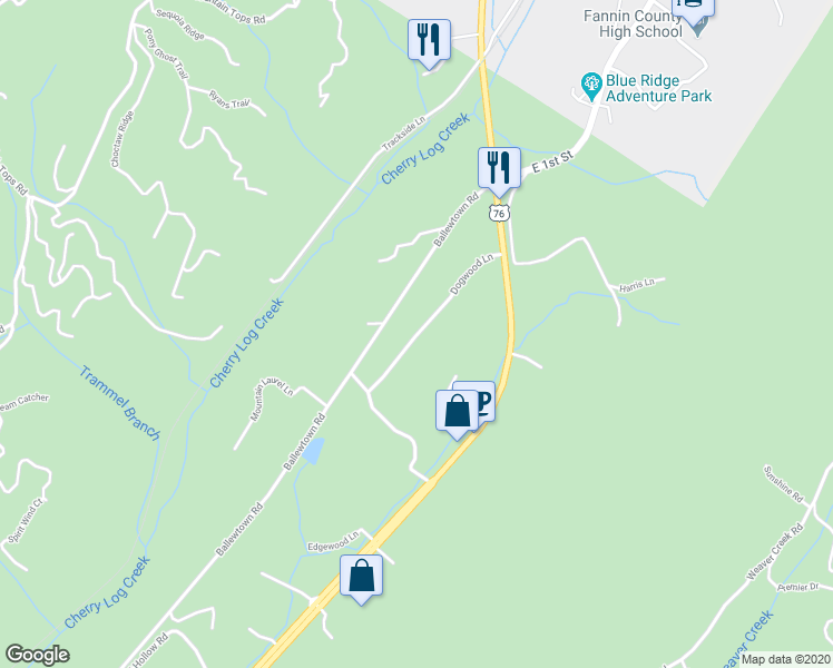 map of restaurants, bars, coffee shops, grocery stores, and more near 360 Dogwood Lane in Blue Ridge