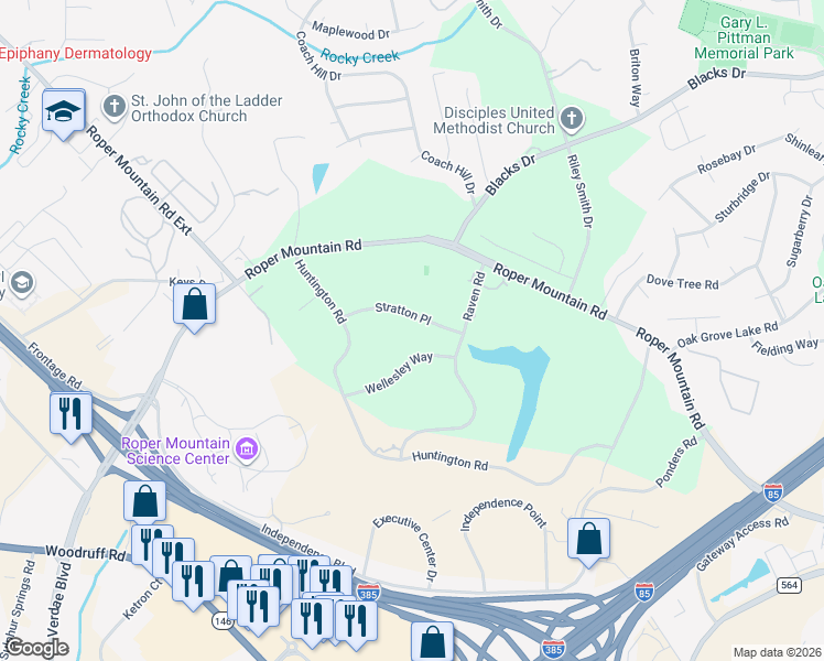map of restaurants, bars, coffee shops, grocery stores, and more near 4 Stratton Place in Greenville