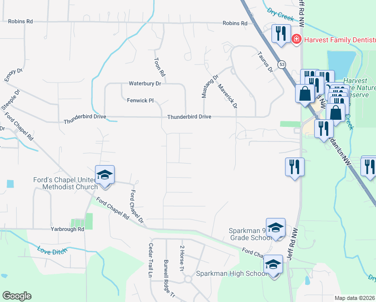 map of restaurants, bars, coffee shops, grocery stores, and more near 155 Thunderbird Drive in Harvest