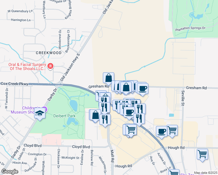 map of restaurants, bars, coffee shops, grocery stores, and more near 2701 Mall Drive in Florence