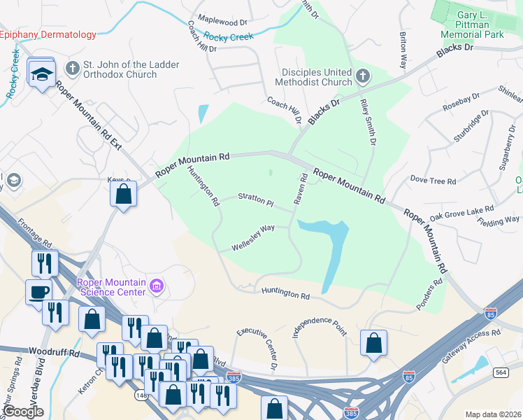 map of restaurants, bars, coffee shops, grocery stores, and more near 4 Stratton Place in Greenville