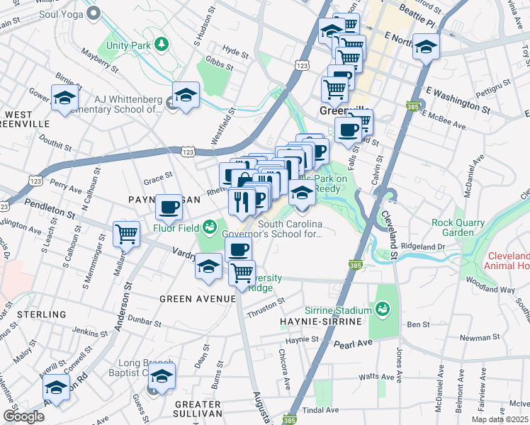 map of restaurants, bars, coffee shops, grocery stores, and more near 55 University Street in Greenville