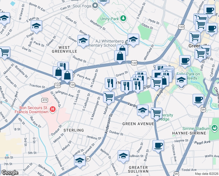 map of restaurants, bars, coffee shops, grocery stores, and more near 19 Perry Avenue in Greenville