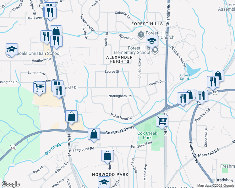 map of restaurants, bars, coffee shops, grocery stores, and more near 409 Nottingham Road in Florence
