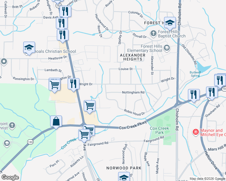 map of restaurants, bars, coffee shops, grocery stores, and more near 309 Nottingham Road in Florence