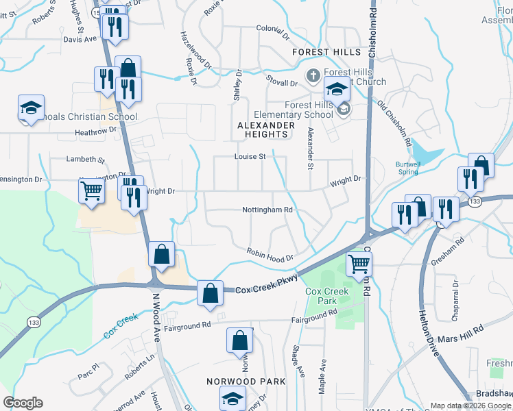 map of restaurants, bars, coffee shops, grocery stores, and more near 409 Nottingham Road in Florence