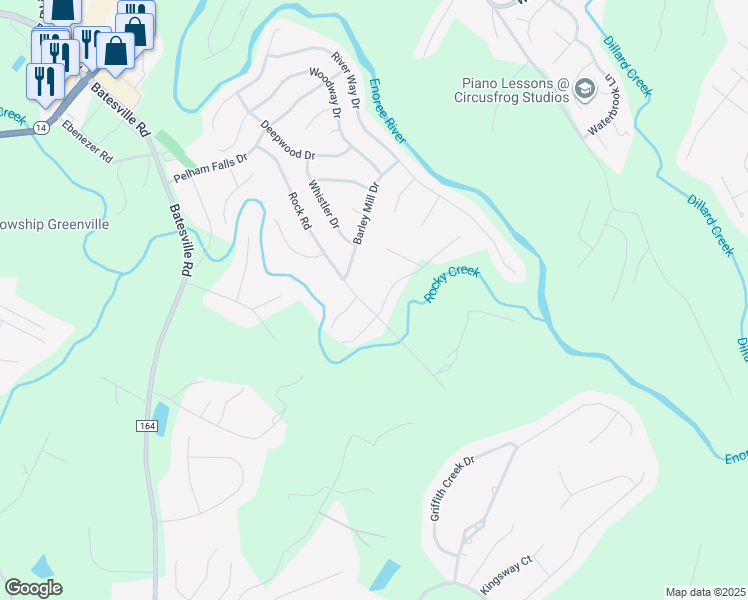 map of restaurants, bars, coffee shops, grocery stores, and more near 101 Shoals Road in Greer