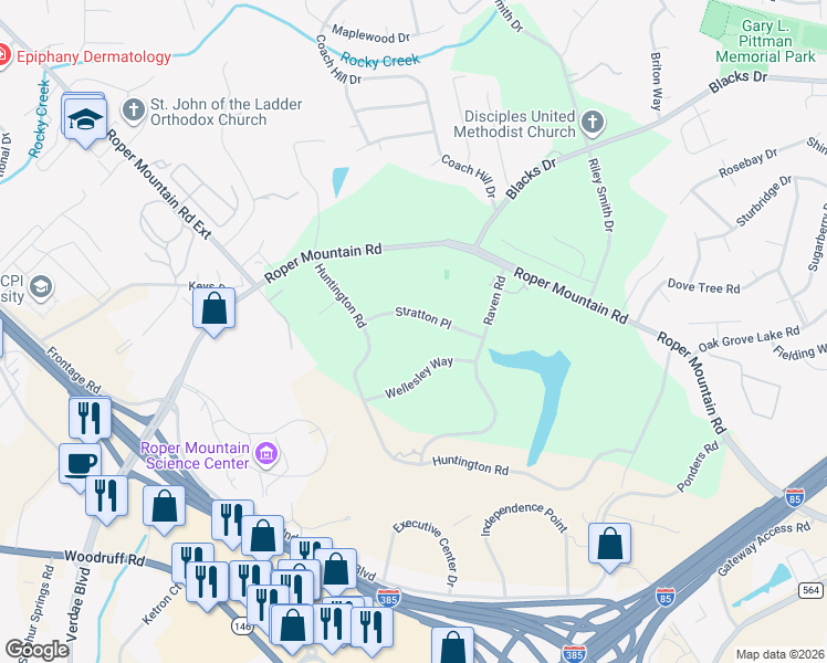 map of restaurants, bars, coffee shops, grocery stores, and more near 4 Stratton Place in Greenville