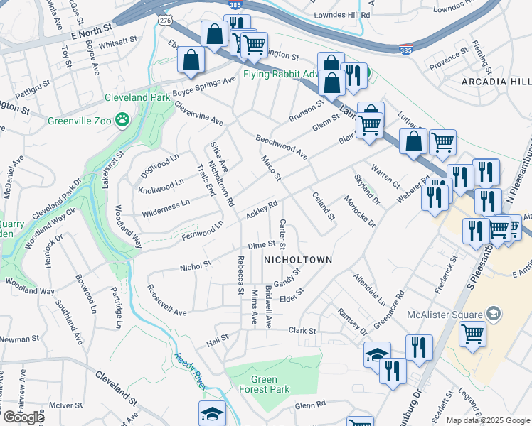 map of restaurants, bars, coffee shops, grocery stores, and more near 321 Ackley Road in Greenville