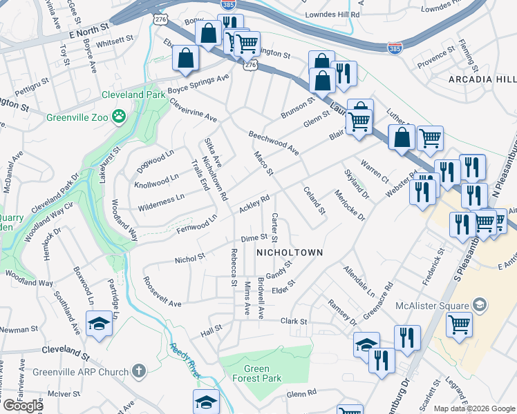 map of restaurants, bars, coffee shops, grocery stores, and more near 321 Ackley Road in Greenville