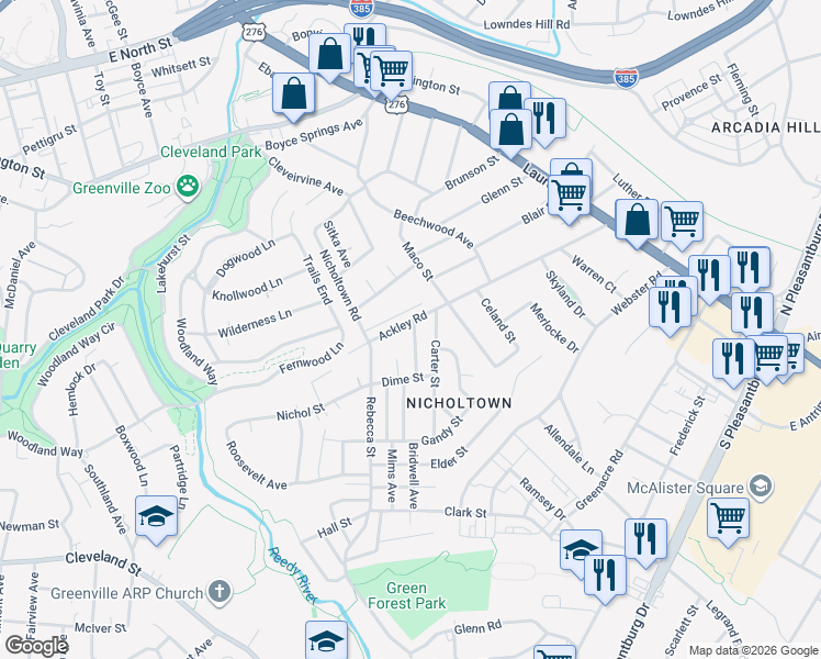 map of restaurants, bars, coffee shops, grocery stores, and more near 321 Ackley Road in Greenville