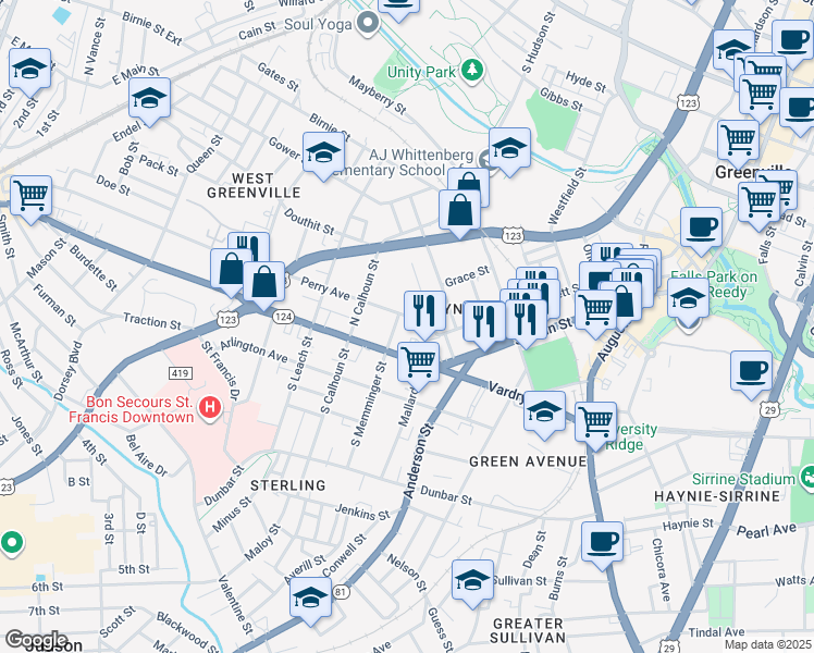 map of restaurants, bars, coffee shops, grocery stores, and more near 19 Perry Avenue in Greenville