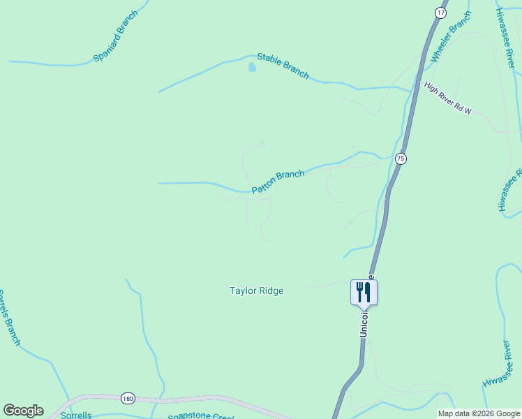 map of restaurants, bars, coffee shops, grocery stores, and more near 1275 Taylor Road in Hiawassee