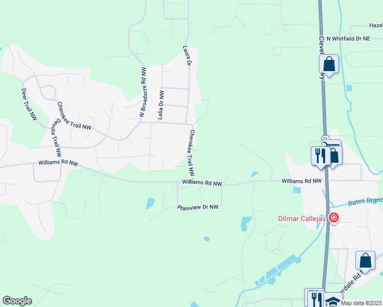 map of restaurants, bars, coffee shops, grocery stores, and more near 324 Cherokee Trail Northwest in Dalton