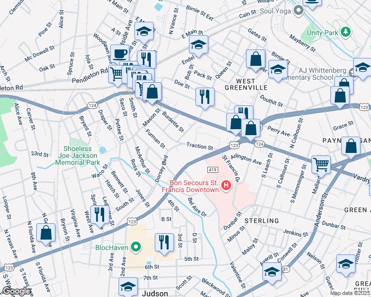 map of restaurants, bars, coffee shops, grocery stores, and more near 35 Traction Street in Greenville
