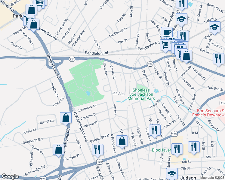 map of restaurants, bars, coffee shops, grocery stores, and more near 307 Alice Avenue in Greenville