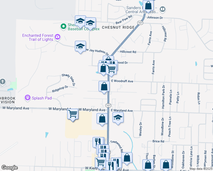map of restaurants, bars, coffee shops, grocery stores, and more near 9709 Arkansas 107 in Sherwood