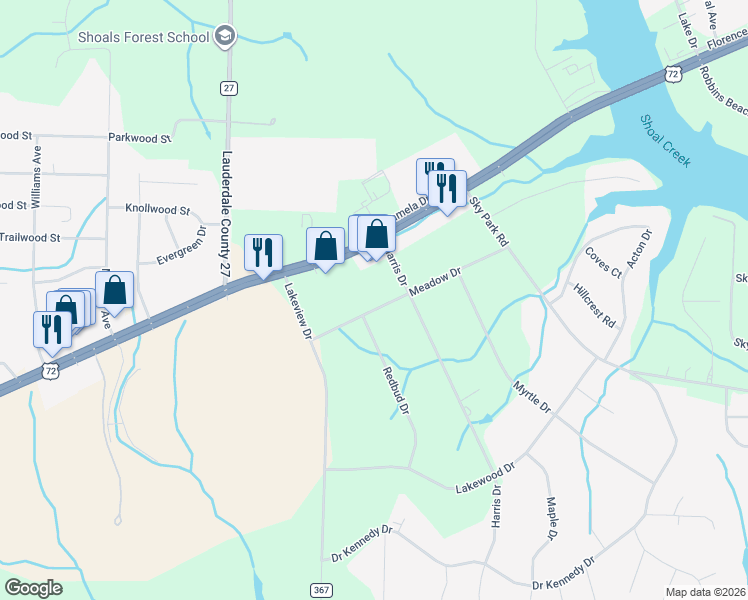 map of restaurants, bars, coffee shops, grocery stores, and more near 7611 Meadow Drive in Florence