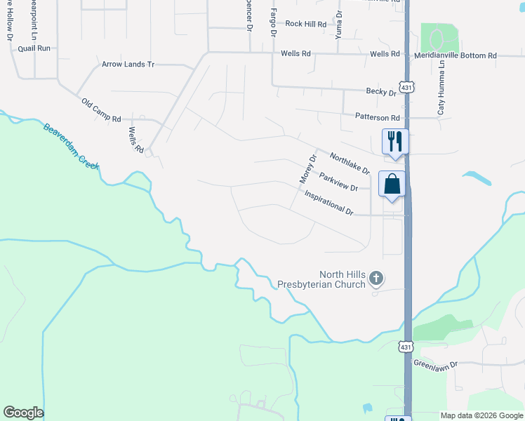 map of restaurants, bars, coffee shops, grocery stores, and more near 11411 Highway 231 431 North in Meridianville