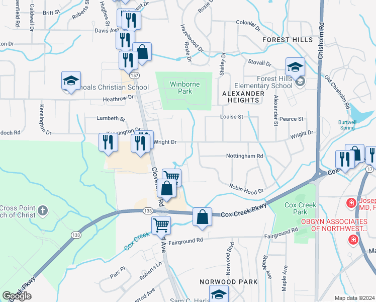 map of restaurants, bars, coffee shops, grocery stores, and more near 105 Shelley Lane in Florence