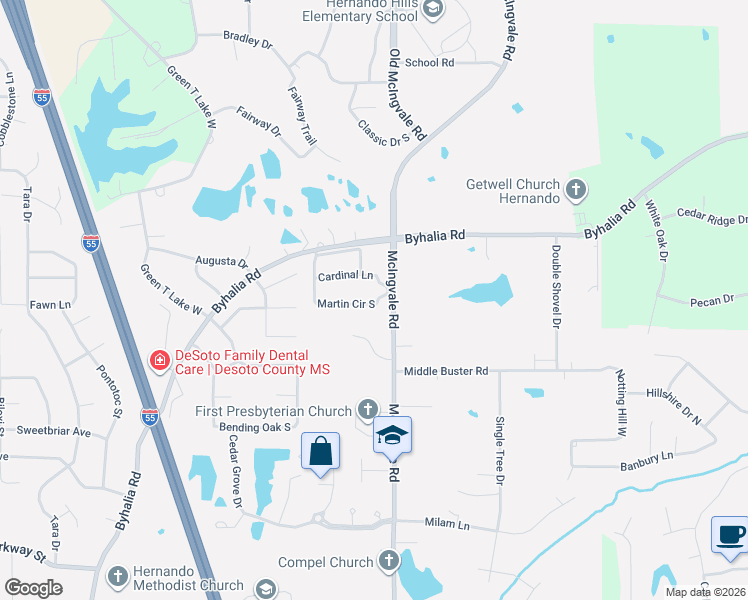 map of restaurants, bars, coffee shops, grocery stores, and more near 952 Martin Circle South in Hernando