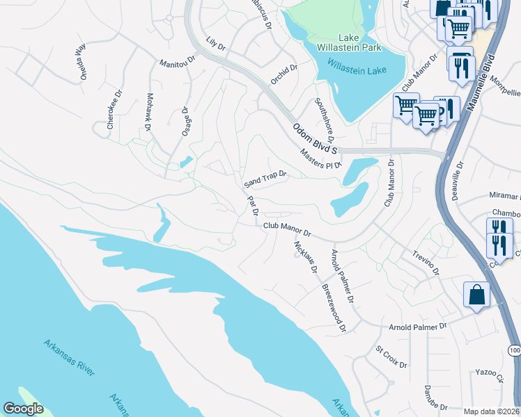map of restaurants, bars, coffee shops, grocery stores, and more near 11 Fairway Woods Circle in Maumelle