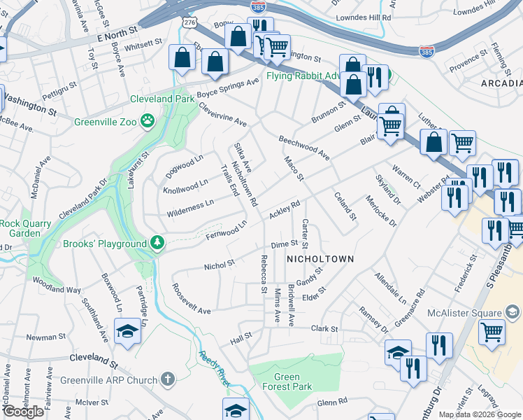 map of restaurants, bars, coffee shops, grocery stores, and more near 209 Nicholtown Road in Greenville