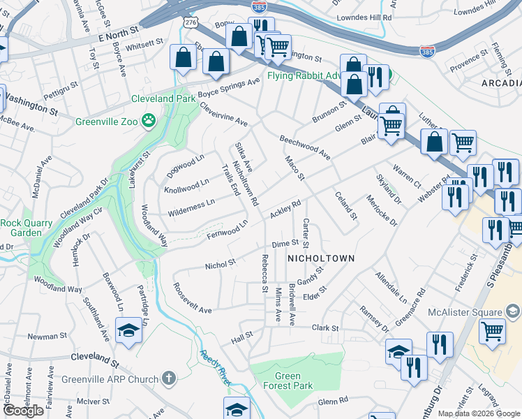 map of restaurants, bars, coffee shops, grocery stores, and more near 209 Nicholtown Road in Greenville