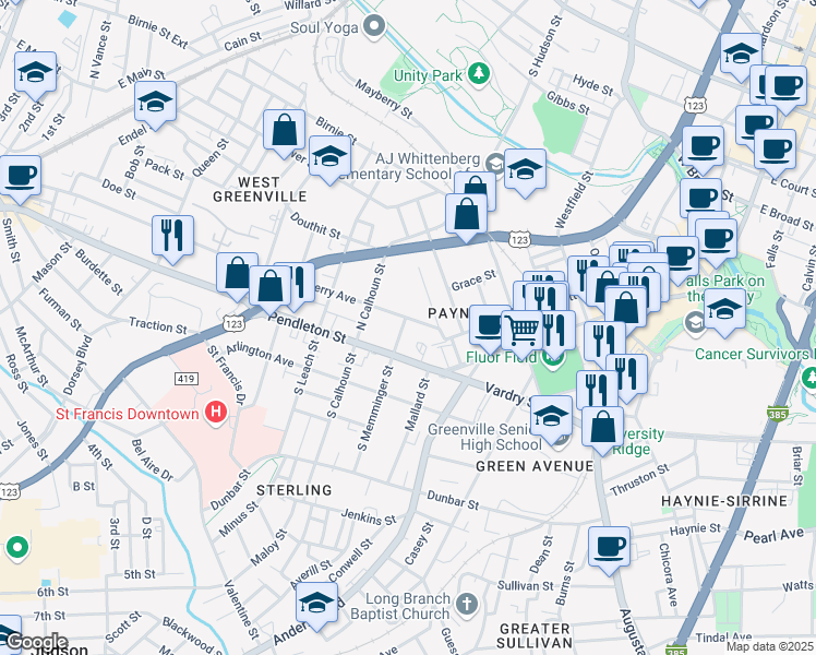 map of restaurants, bars, coffee shops, grocery stores, and more near 124 Mallard Street in Greenville