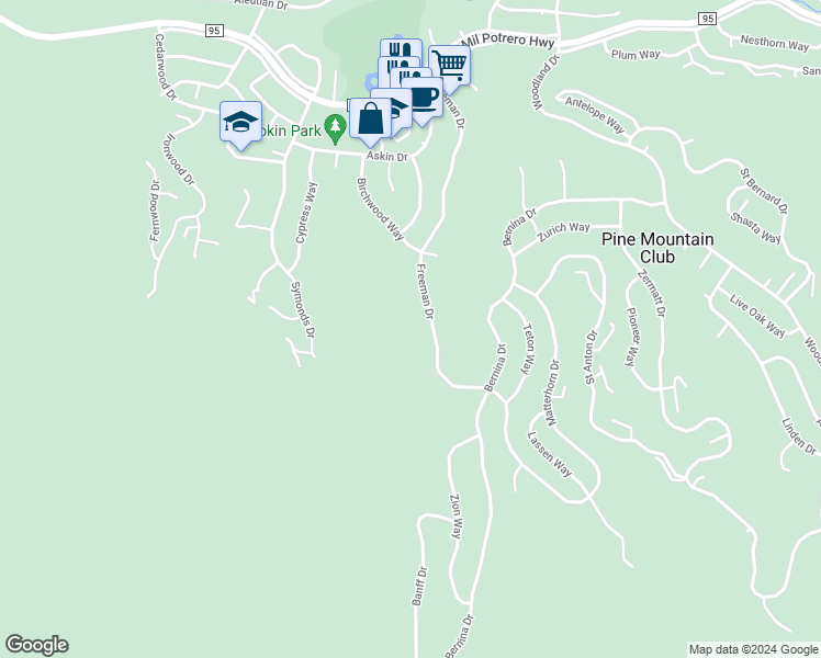 map of restaurants, bars, coffee shops, grocery stores, and more near 2005 Freeman Drive in Pine Mountain Club