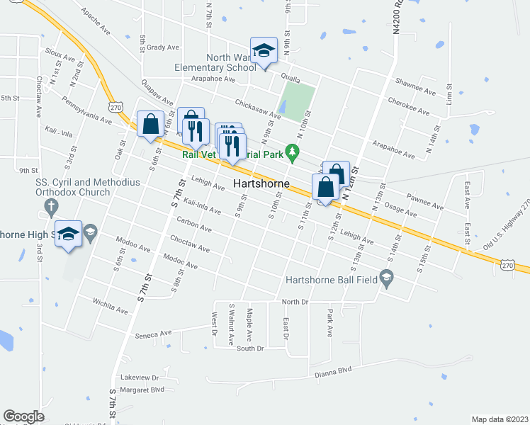 map of restaurants, bars, coffee shops, grocery stores, and more near 202 South 10th Street in Hartshorne