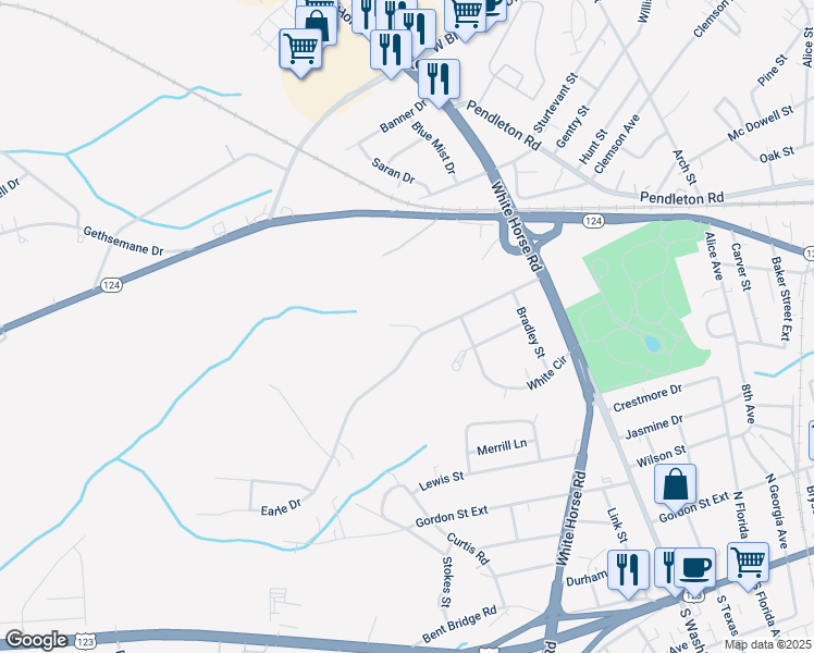 map of restaurants, bars, coffee shops, grocery stores, and more near 7 Larry Court in Greenville