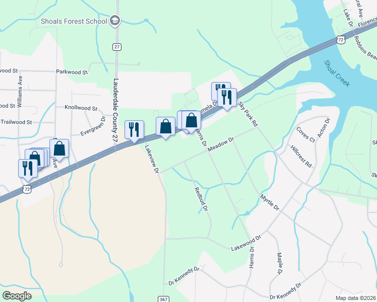 map of restaurants, bars, coffee shops, grocery stores, and more near 7611 Meadow Drive in Florence