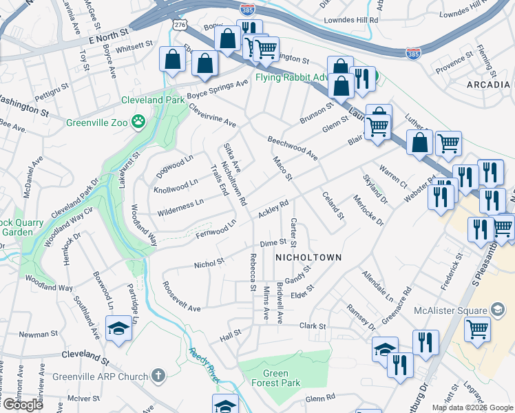 map of restaurants, bars, coffee shops, grocery stores, and more near 209 Nicholtown Road in Greenville