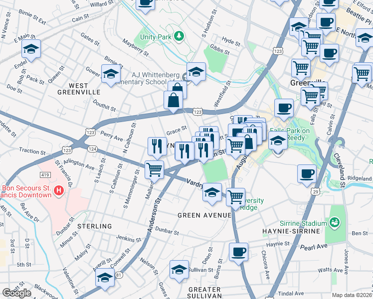 map of restaurants, bars, coffee shops, grocery stores, and more near 404 South Main Street in Greenville