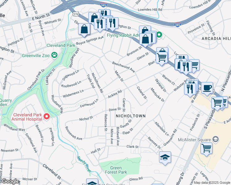 map of restaurants, bars, coffee shops, grocery stores, and more near 321 Ackley Road in Greenville