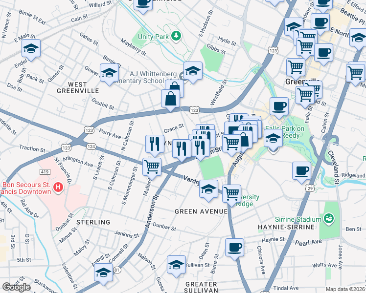map of restaurants, bars, coffee shops, grocery stores, and more near 404 South Main Street in Greenville