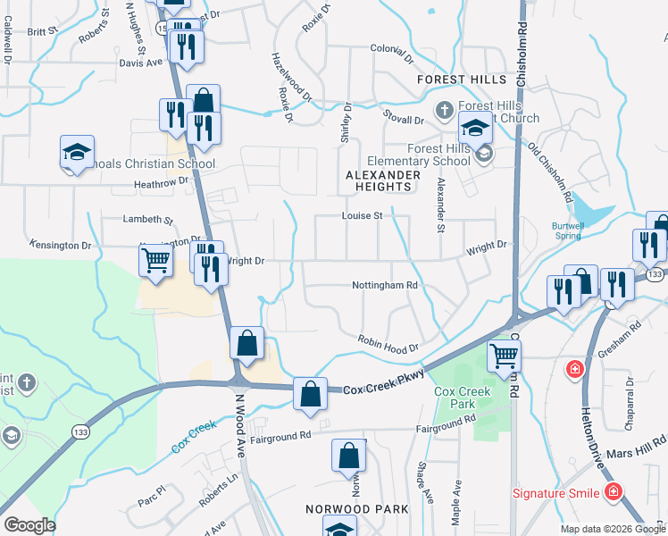 map of restaurants, bars, coffee shops, grocery stores, and more near 309-399 Nottingham Rd in Florence