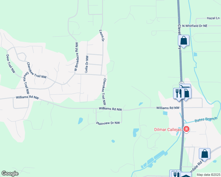 map of restaurants, bars, coffee shops, grocery stores, and more near 324 Cherokee Trail Northwest in Dalton