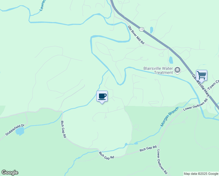 map of restaurants, bars, coffee shops, grocery stores, and more near 654 Owl Creek Road in Blairsville
