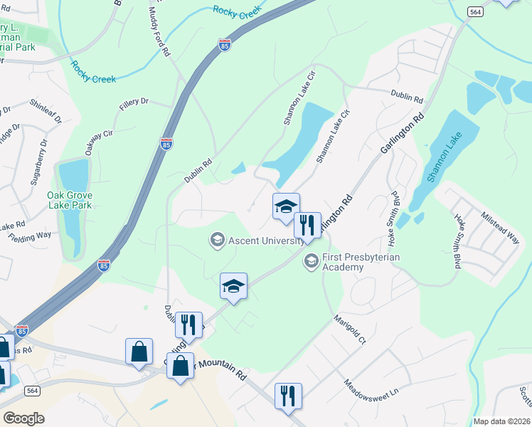 map of restaurants, bars, coffee shops, grocery stores, and more near 20 Shannon Ridge Court in Greenville