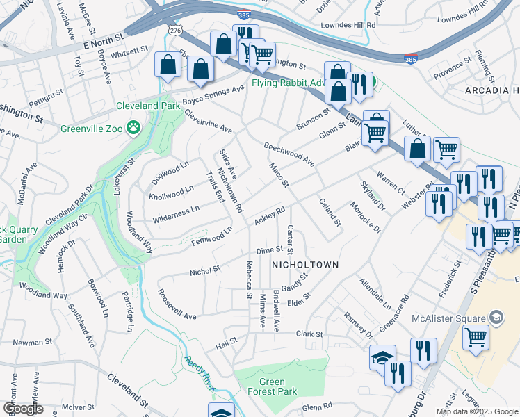 map of restaurants, bars, coffee shops, grocery stores, and more near 209 Nicholtown Road in Greenville