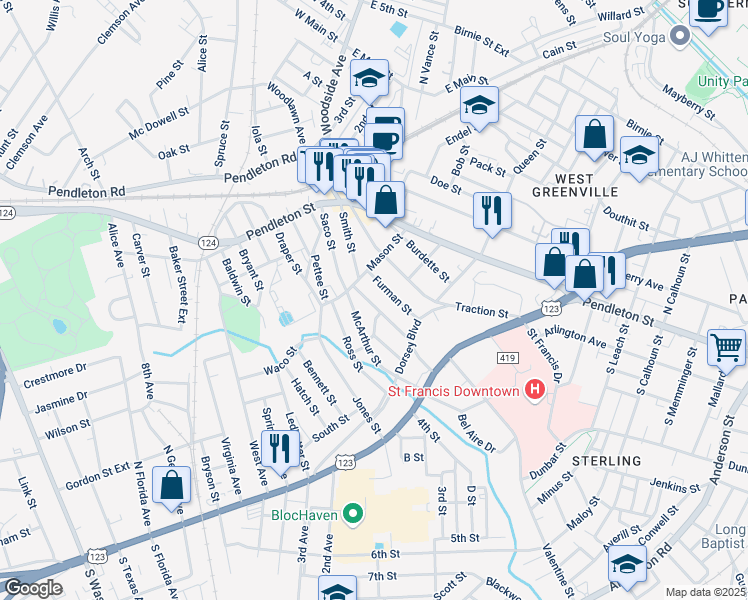 map of restaurants, bars, coffee shops, grocery stores, and more near 6 Woodward Street in Greenville